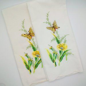 Pair Vintage Embroidered Butterfly Flowers Tea Towel Napkins